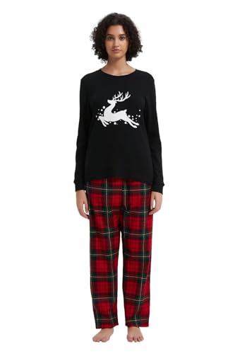 GLOBAL Damen Schlafanzüge Flanell Damen Pyjama Set Baumwolle Langarm-Pullover Oberteil und elastische Unterteile mit Kordelzug Weich Bequem Rot kariert S von GLOBAL