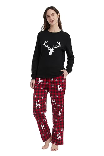 GLOBAL Damen Schlafanzüge Flanell Damen Pyjama Set Baumwolle Langarm-Pullover Oberteil und elastische Unterteile mit Kordelzug Weich Bequem Schwarzes Top Karierte Hose XXL von GLOBAL
