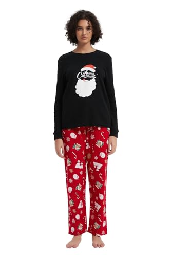 GLOBAL Damen Schlafanzüge Flanell Damen Pyjama Set Baumwolle Langarm-Pullover Oberteil und elastische Unterteile mit Kordelzug Weich Bequem Weihnachtskeks-Lebkuchenmänne XXL von GLOBAL