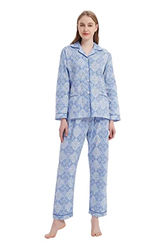 GLOBAL Damen Schlafanzug Baumwolle Damen Pyjama Set Lang Damen Zweiteiliger Nachtwäsche Komfortabel Loungewear Durchgeknöpft Oberteil & Hose Kordelzug Blaues und Weißes Porzellan M von GLOBAL