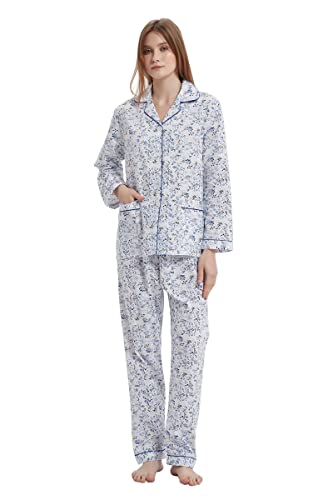 GLOBAL Damen Schlafanzug Baumwolle Damen Pyjama Set Lang Damen Zweiteiliger Nachtwäsche Komfortabel Loungewear Durchgeknöpft Oberteil & Hose Kordelzug Elegante Blaue Blume L von GLOBAL