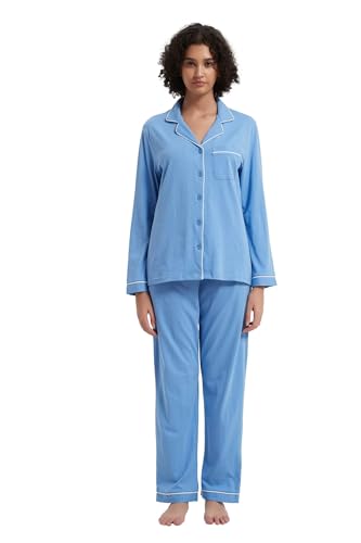 GLOBAL Damen Schlafanzug Lang Baumwolle Nightwear Set Langarm Shirt mit Tasche Pyjamahose Zweiteilig Set Nachtwäsche Hellblau S von GLOBAL