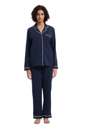 GLOBAL Damen Schlafanzug Lang Baumwolle Nightwear Set Langarm Shirt mit Tasche Pyjamahose Zweiteilig Set Nachtwäsche Marineblau XXL von GLOBAL