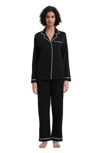 GLOBAL Damen Schlafanzug Lang Baumwolle Nightwear Set Langarm Shirt mit Tasche Pyjamahose Zweiteilig Set Nachtwäsche Schwarz M von GLOBAL