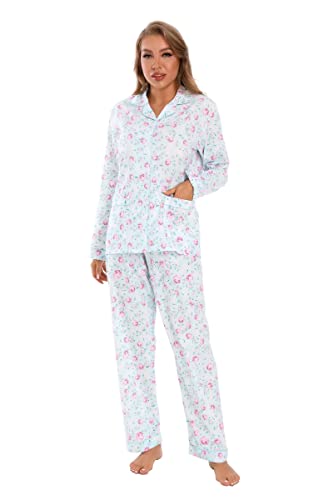 GLOBAL Damen Schlafanzug Baumwolle Damen Pyjama Set Lang Damen Zweiteiliger Nachtwäsche Komfortabel Loungewear Durchgeknöpft Oberteil & Hose Kordelzug Frischer Grüner Färberdistel L von GLOBAL