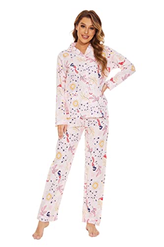 GLOBAL Damen Schlafanzug Baumwolle Damen Pyjama Set Lang Damen Zweiteiliger Nachtwäsche Komfortabel Loungewear Durchgeknöpft Oberteil & Hose Kordelzug Glücklicher Vogel L von GLOBAL