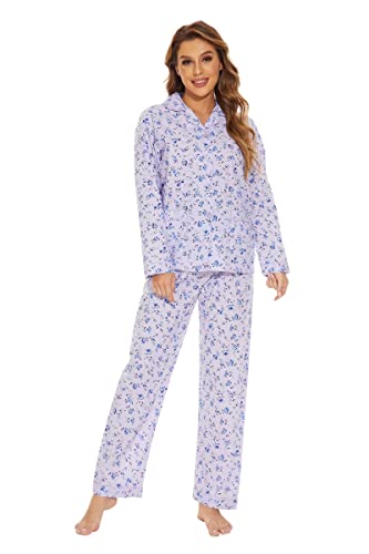 GLOBAL Damen Schlafanzug Baumwolle Damen Pyjama Set Lang Damen Zweiteiliger Nachtwäsche Komfortabel Loungewear Durchgeknöpft Oberteil & Hose Kordelzug Lila und Blaue Blumen L von GLOBAL