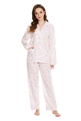 GLOBAL Damen-Pyjama-Set, 100% Baumwolle, Blumenmuster, langärmelig, mit Knöpfen, Nachtwäsche mit Kordelzug, weich und atmungsaktiv, Pyjama-Set für Damen PJS, Rosa Blumen, 38 von GLOBAL
