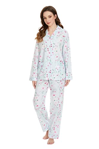 GLOBAL Damen Schlafanzug Baumwolle Damen Pyjama Set Lang Damen Zweiteiliger Nachtwäsche Komfortabel Loungewear Durchgeknöpft Oberteil & Hose Kordelzug Rosa Blume des Grünen L von GLOBAL