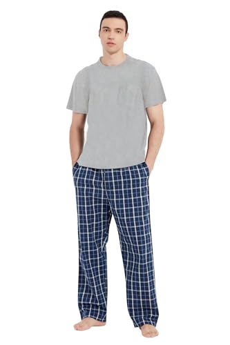 GLOBAL Herren Kurz Pyjama aus Baumwolle,T-Shirt mit Klassischer Karierter Hose Sommerhose，L von GLOBAL