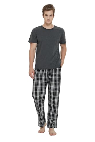 GLOBAL Herren Kurz Pyjama aus Baumwolle,T-Shirt mit Klassischer Karierter Hose Sommerhose，L von GLOBAL