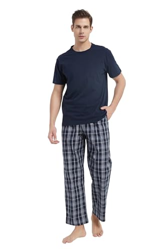 GLOBAL Herren Kurz Pyjama aus Baumwolle,T-Shirt mit Klassischer Karierter Hose Sommerhose，S von GLOBAL