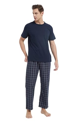 GLOBAL Herren Kurz Pyjama aus Baumwolle,T-Shirt mit Klassischer Karierter Hose Sommerhose，XL von GLOBAL