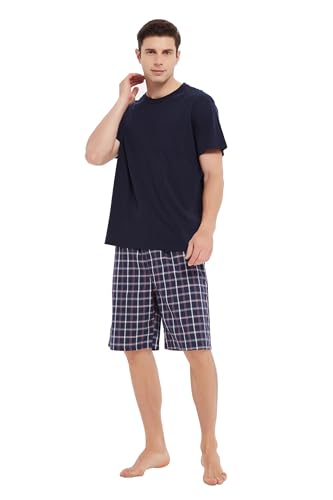 GLOBAL Herren Kurz Pyjama aus Baumwolle,T-Shirt mit Klassischer Karierter Shorts,L von GLOBAL