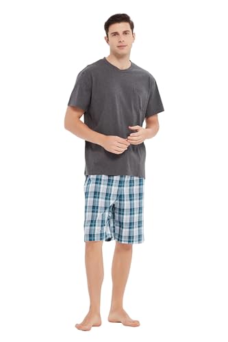 GLOBAL Herren Kurz Pyjama aus Baumwolle,T-Shirt mit Klassischer Karierter Shorts,L von GLOBAL