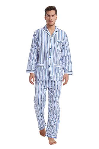 GLOBAL Herren Schlafanzug Lang Baumwolle Pyjama Set Zweiteiliger Nachtwäsche Langarm Shirt V Ausschnitt Taschen Knopfleiste Loungehose Band Nightwear Blau Gestreiftes Rautenkaro L von GLOBAL