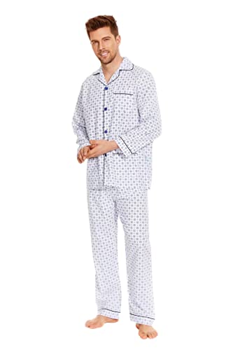 GLOBAL Herren Schlafanzug Lang Baumwolle Pyjama Set Zweiteiliger Nachtwäsche Langarm Shirt V Ausschnitt Taschen Knopfleiste Loungehose Band Nightwear Blaue Raute auf Weiß S von GLOBAL