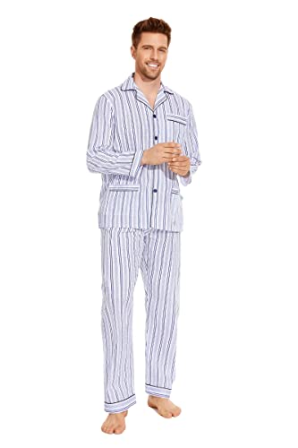 GLOBAL Herren Schlafanzug Lang Baumwolle Pyjama Set Zweiteiliger Nachtwäsche Langarm Shirt V Ausschnitt Taschen Knopfleiste Loungehose Band Nightwear Blaue Streifen Karo XL von GLOBAL