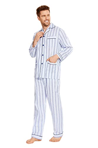 GLOBAL Herren Schlafanzug Lang Baumwolle Pyjama Set Zweiteiliger Nachtwäsche Langarm Shirt V Ausschnitt Taschen Knopfleiste Loungehose Band Nightwear Blaue Gelbe Streifen M von GLOBAL