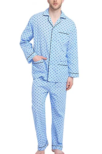 GLOBAL Herren Schlafanzug Lang Baumwolle Pyjama Set Zweiteiliger Nachtwäsche Langarm Shirt V Ausschnitt Taschen Knopfleiste Loungehose Band Nightwear Blauer Diamant M von GLOBAL