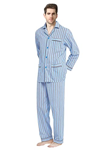 GLOBAL Herren Schlafanzug Lang Baumwolle Pyjama Set Zweiteiliger Nachtwäsche Langarm Shirt V Ausschnitt Taschen Knopfleiste Loungehose Band Nightwear Blauer Druck Schwarzen Streifen XL von GLOBAL
