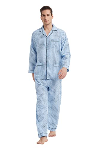 GLOBAL Herren Schlafanzug Lang Baumwolle Pyjama Set Zweiteiliger Nachtwäsche Langarm Shirt V Ausschnitt Taschen Knopfleiste Loungehose Band Nightwear Blauer Hintergrund Blaues Rotes Quadrat L von GLOBAL