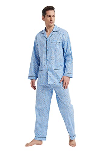 GLOBAL Herren Schlafanzug Lang Baumwolle Pyjama Set Zweiteiliger Nachtwäsche Langarm Shirt V Ausschnitt Taschen Knopfleiste Loungehose Band Nightwear Blauer Hintergrund Blaues Quadrat M von GLOBAL