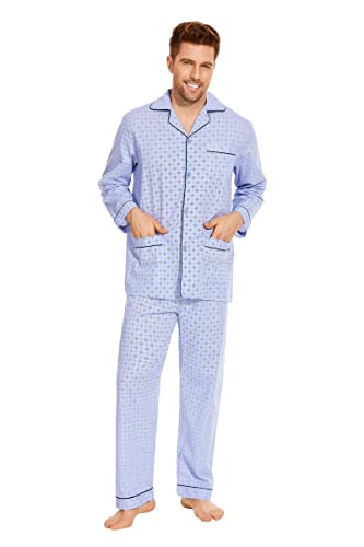 GLOBAL Herren Schlafanzug Lang Baumwolle Pyjama Set Zweiteiliger Nachtwäsche Langarm Shirt V Ausschnitt Taschen Knopfleiste Loungehose Band Nightwear Blaues Rautenmuster L von GLOBAL