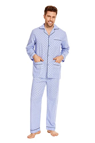 GLOBAL Herren Schlafanzug Lang Baumwolle Pyjama Set Zweiteiliger Nachtwäsche Langarm Shirt V Ausschnitt Taschen Knopfleiste Loungehose Band Nightwear Blaues Rautenmuster XL von GLOBAL