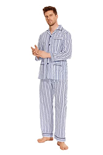 GLOBAL Herren Schlafanzug Lang Baumwolle Pyjama Set Zweiteiliger Nachtwäsche Langarm Shirt V Ausschnitt Taschen Knopfleiste Loungehose Band Nightwear Dunkelblaue Streifen XL von GLOBAL