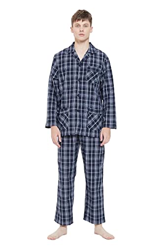 GLOBAL Herren Schlafanzug Lang Baumwolle Pyjama Set Zweiteiliger Nachtwäsche Langarm Shirt V Ausschnitt Taschen Knopfleiste Loungehose Band Nightwear Elegantes Indigo-Karo XL von GLOBAL