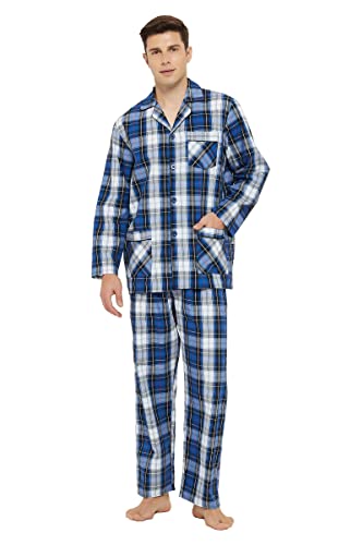 GLOBAL Herren Schlafanzug Lang Baumwolle Pyjama Set Zweiteiliger Nachtwäsche Langarm Shirt V Ausschnitt Taschen Knopfleiste Loungehose Band Nightwear Frisches Blaues Plaid L von GLOBAL