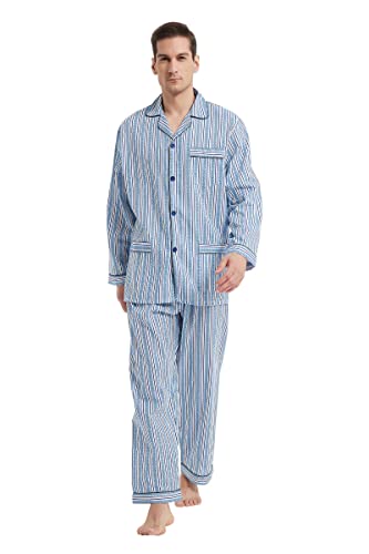 GLOBAL Herren Schlafanzug Lang Baumwolle Pyjama Set Zweiteiliger Nachtwäsche Langarm Shirt V Ausschnitt Taschen Knopfleiste Loungehose Band Nightwear Gelbe Blaue Streifen L von GLOBAL