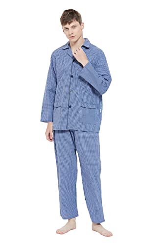 GLOBAL Herren Schlafanzug Lang Baumwolle Pyjama Set Zweiteiliger Nachtwäsche Langarm Shirt V Ausschnitt Taschen Knopfleiste Loungehose Band Nightwear Kleines Blaues Quadrat XL von GLOBAL