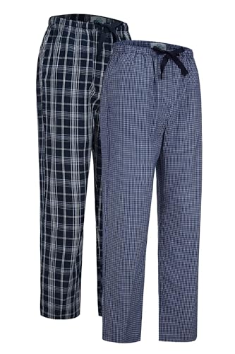 GLOBAL Herren Pyjamahose aus Baumwolle Schlafanzughose 2er-Pack Karierte Hosen Gewebte Elastische Schlafhose mit Kordelzug,Blau,Kariert,XXL von GLOBAL