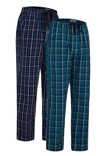 GLOBAL Herren Pyjamahose aus Baumwolle Schlafanzughose 2er-Pack Karierte Hosen Gewebte Elastische Schlafhose mit Kordelzug,Blau,Kariert&Grün,Kariert,L von GLOBAL