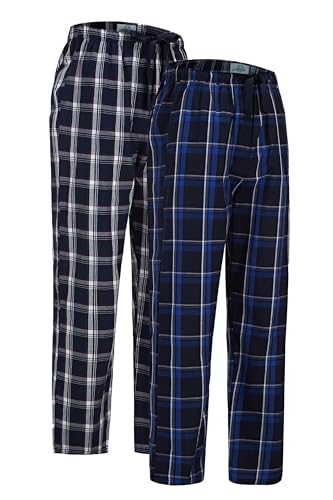 GLOBAL Herren Pyjamahose aus Baumwolle Schlafanzughose 2er-Pack Karierte Hosen Gewebte Elastische Schlafhose mit Kordelzug,Blau,Kariert&Schwarz,Kariert 1,XL von GLOBAL