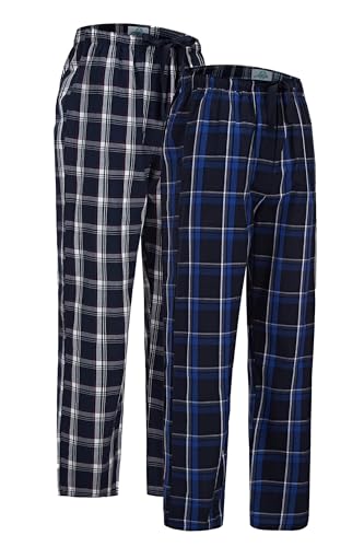 GLOBAL Herren Pyjamahose aus Baumwolle Schlafanzughose 2er-Pack Karierte Hosen Gewebte Elastische Schlafhose mit Kordelzug,Blau,Kariert&Schwarz,Kariert 1,XXL von GLOBAL