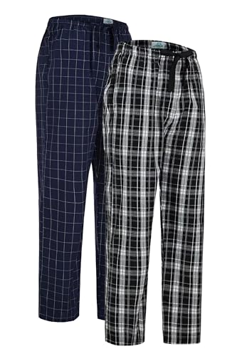 GLOBAL Herren Pyjamahose aus Baumwolle Schlafanzughose 2er-Pack Karierte Hosen Gewebte Elastische Schlafhose mit Kordelzug,Blau,Kariert&Schwarz,Kariert 2,L von GLOBAL