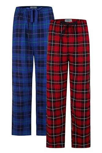GLOBAL Herren Pyjamahose aus Flanell Baumwolle Schlafanzughose 2er Pack Rot Kariert Blau Kariert XXL von GLOBAL