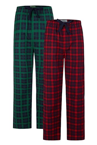 GLOBAL Herren Pyjamahose aus Flanell Baumwolle Schlafanzughose 2er Pack Rot Kariert Grün Kariert XXL von GLOBAL