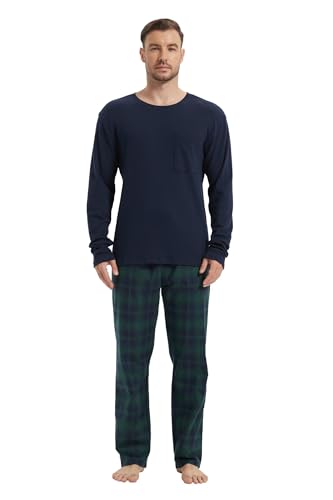GLOBAL Herren Schlafanzüge Flanell Herren Pyjama Set Baumwolle Langarm-Pullover Oberteil und elastische Unterteile mit Kordelzug Weich Bequem, Grün Kariert Hose,3XL von GLOBAL