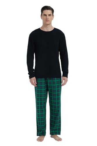 GLOBAL Herren Schlafanzüge Flanell Herren Pyjama Set Baumwolle Langarm-Pullover Oberteil und elastische Unterteile mit Kordelzug Weich Bequem Blau Grün Kariert M von GLOBAL