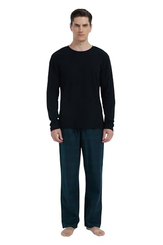 GLOBAL Herren Schlafanzüge Flanell Herren Pyjama Set Baumwolle Langarm-Pullover Oberteil und elastische Unterteile mit Kordelzug Weich Bequem Blau Grün Kariert XXL von GLOBAL