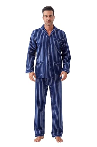GLOBAL Herren Schlafanzüge Flanell Herren Pyjama Set Baumwolle Langarm-Pullover Oberteil und elastische Unterteile mit Kordelzug Weich Bequem Blau L von GLOBAL