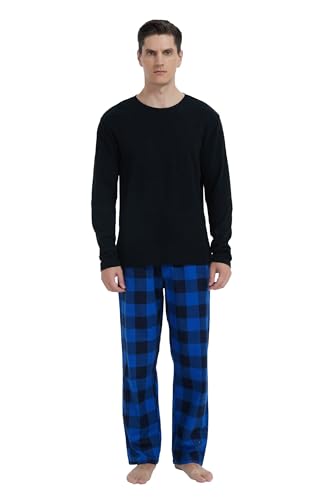 GLOBAL Herren Schlafanzüge Flanell Herren Pyjama Set Baumwolle Langarm-Pullover Oberteil und elastische Unterteile mit Kordelzug Weich Bequem Blau Schwarz Kariert M von GLOBAL