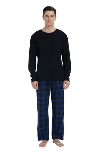 GLOBAL Herren Schlafanzüge Flanell Herren Pyjama Set Baumwolle Langarm-Pullover Oberteil und elastische Unterteile mit Kordelzug Weich Bequem Blau Schwarz Kariert XL von GLOBAL