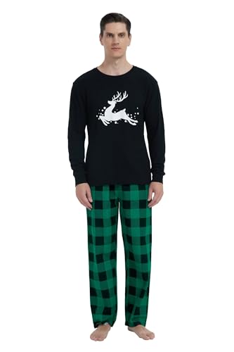 GLOBAL Herren Schlafanzüge Flanell Herren Pyjama Set Baumwolle Langarm-Pullover Oberteil und elastische Unterteile mit Kordelzug Weich Bequem Grün Schwarz Kariert L von GLOBAL