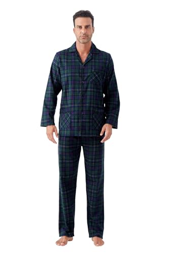 GLOBAL Herren Schlafanzüge Flanell Herren Pyjama Set Baumwolle Langarm-Pullover Oberteil und elastische Unterteile mit Kordelzug Weich Bequem Grün XL von GLOBAL