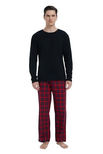 GLOBAL Herren Schlafanzüge Flanell Herren Pyjama Set Baumwolle Langarm-Pullover Oberteil und elastische Unterteile mit Kordelzug Weich Bequem Rot Blau Kariert XXL von GLOBAL